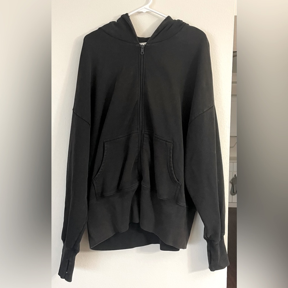 Offline by Aerie XL Black Distressed Zippered Hoodie Sweatshirt